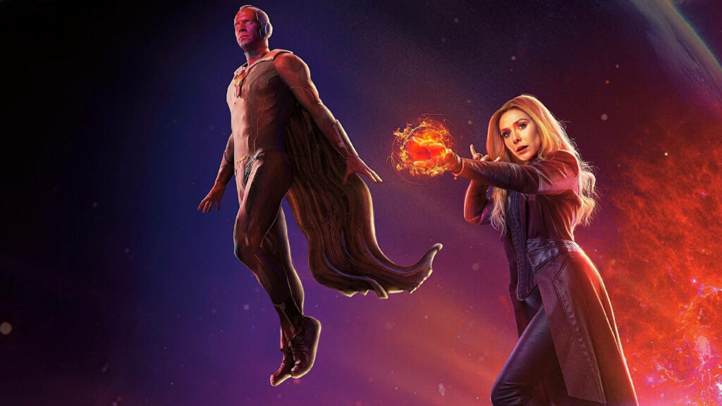 Wanda Vision 4K Wallpaper: Wanda & Vision in Dynamic Cosmic Scene