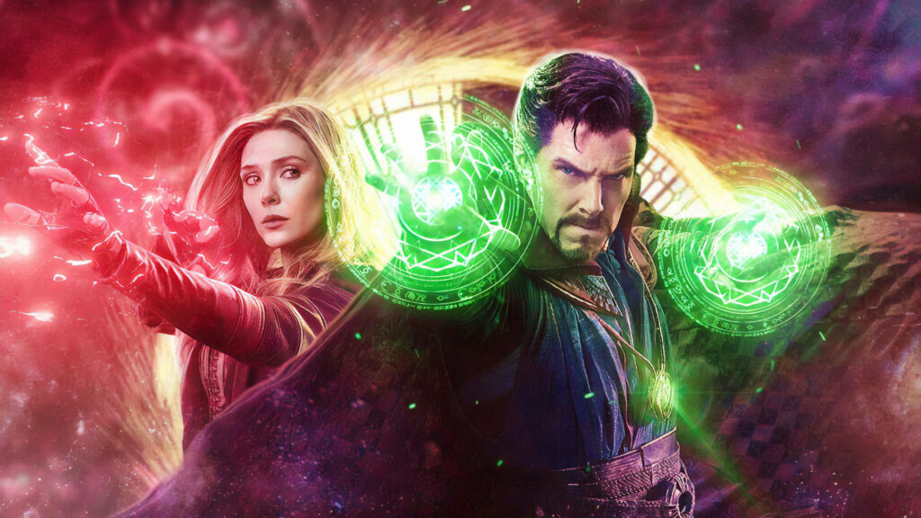 Wanda and Doctor Strange casting glowing red and green spells in vibrant cosmic Marvel wallpaper