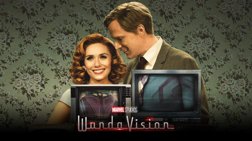 Retro WandaVision Scene: Wanda & Vision with Vintage TVs Wallpaper