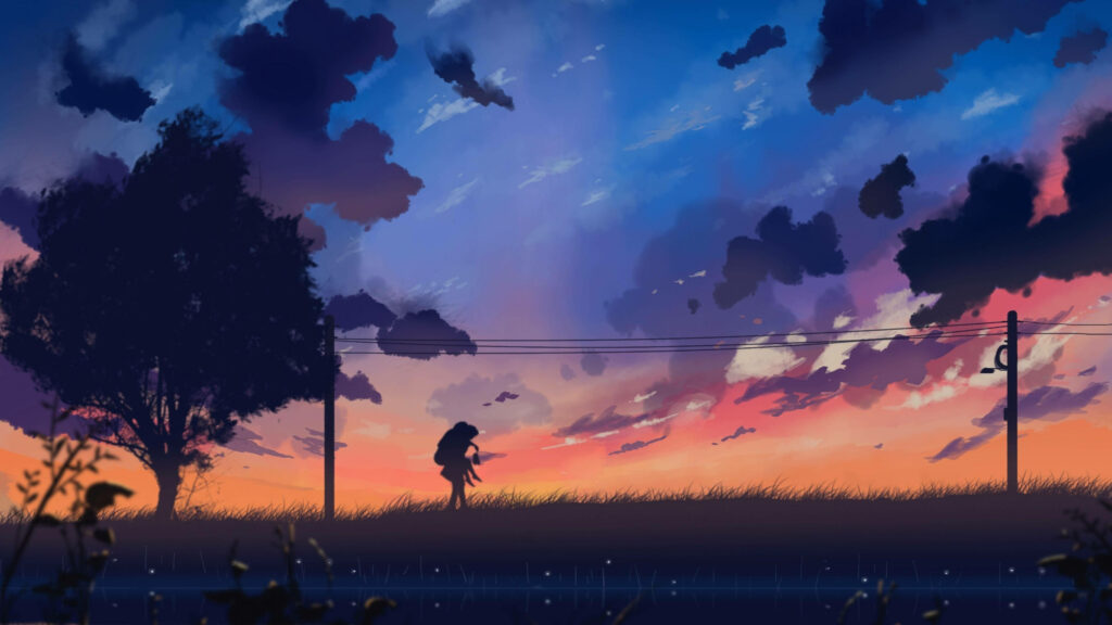 Wandering Shadows: Captivating 4k Anime Wallpaper Featuring a Graceful Figure Strolling Amidst a Lush Meadow at Dusk