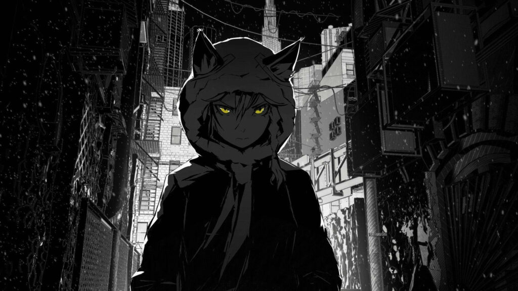 Wolf-Hooded Wanderlust: A Vibrant Anime City Adventure Wallpaper