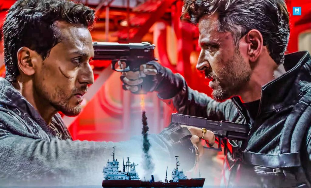 Hrithik Roshan and Tiger Shroff intense standoff with guns red backdrop burning ship War wallpaper