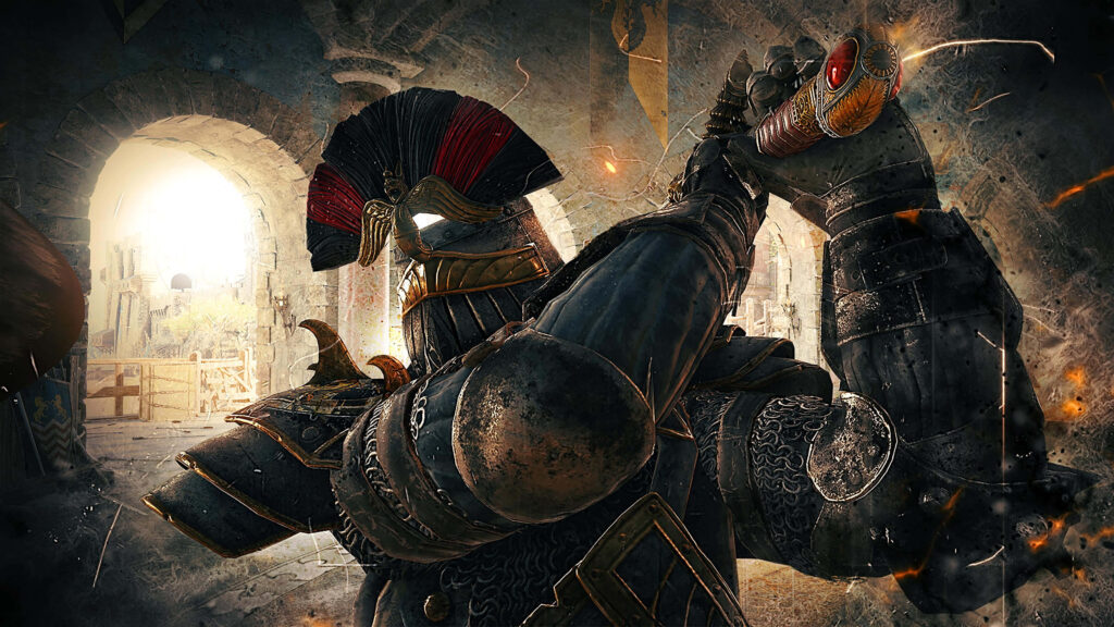 The Mighty Guardian: A Majestic Swordsman Unleashing Dual-Handed Strikes Wallpaper
