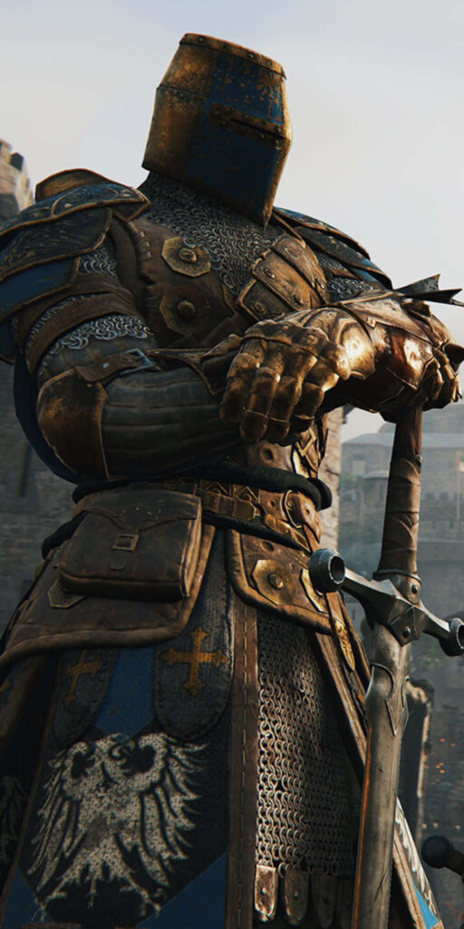 Medieval warrior Warden in detailed armor holding sword, fortress backdrop Wallpaper