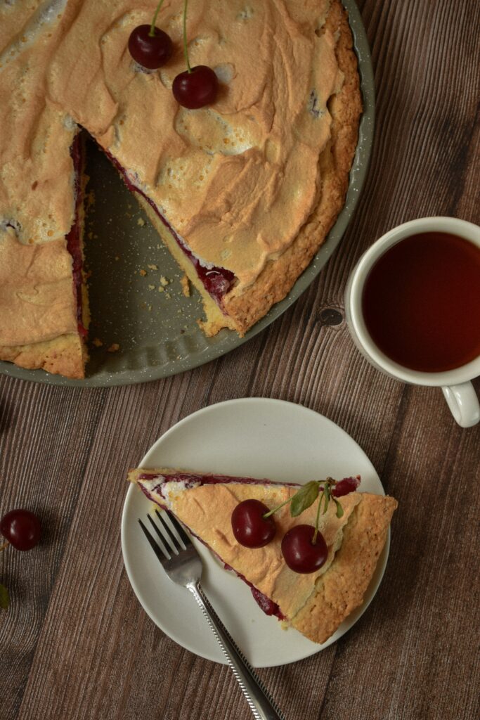 Warm Cherry Pie Wallpaper: Golden Crust, Fresh Cherries & Tea