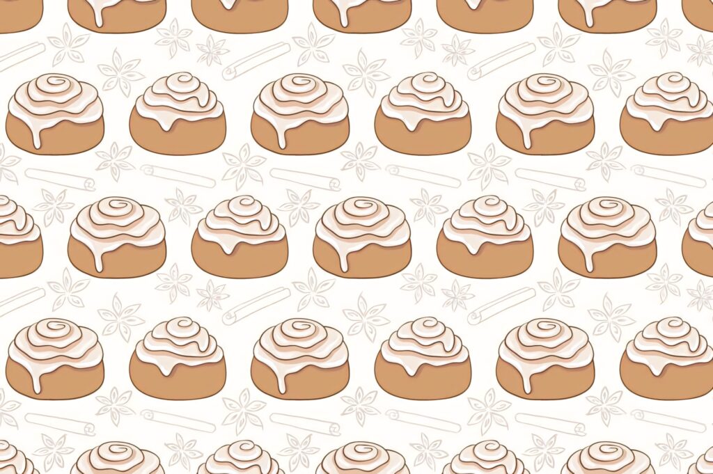 Seamless cinnamon rolls wallpaper with creamy icing and cinnamon sticks bakery pattern background