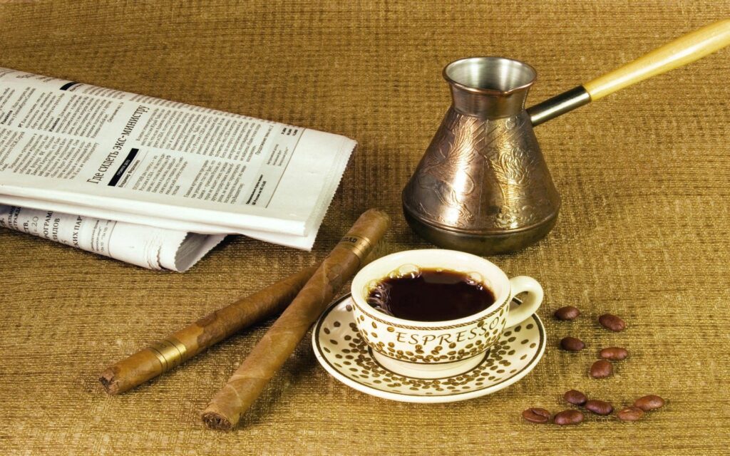 Relaxing Espresso Aesthetic: Coffee, Cigars & Classic Morning Vibes Wallpaper