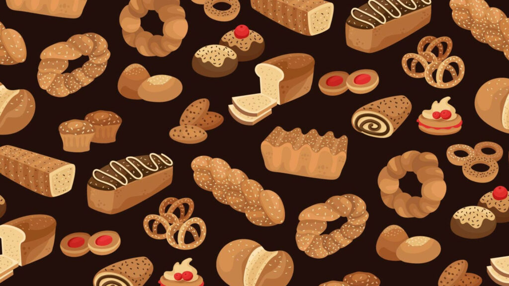 Seamless bakery wallpaper with golden bread loaves muffins pretzels and sweet pastries pattern