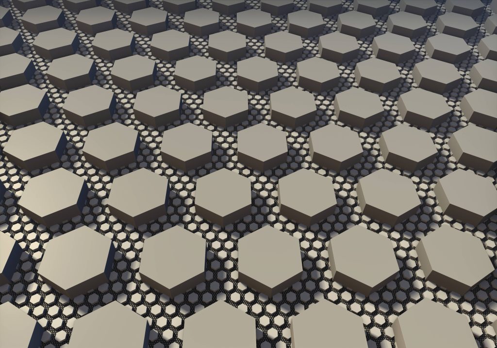 3D warm grey hexagons floating over dark mesh grid modern minimalist hexagon wallpaper background