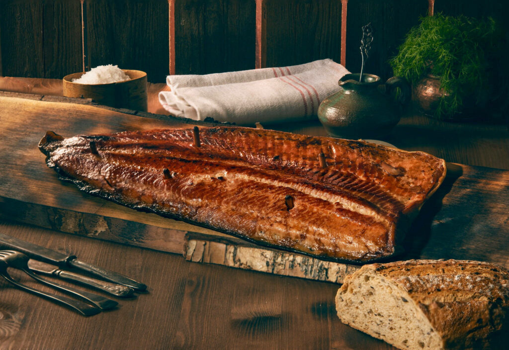 Cozy Kitchen Wallpaper: Grilled Salmon & Rustic Culinary Charm