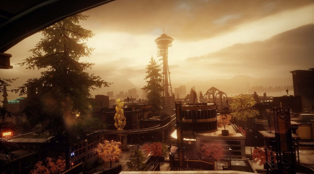 Vibrant Sunset Cityscape Wallpaper Inspired by Infamous Game Series