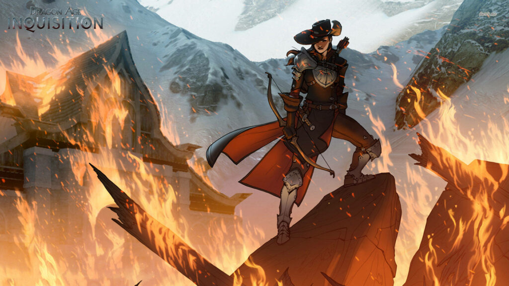 Dragon Age: Inquisition Character on Rock with Sword - Fiery Terrain and Snowy Backdrop - Fantasy Wallpaper