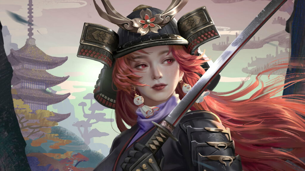 Samurai Princess: Unleashing a Mythical Power - Stunning HD Wallpaper Background featuring a Fearless Women Warrior with Helmet and Katana