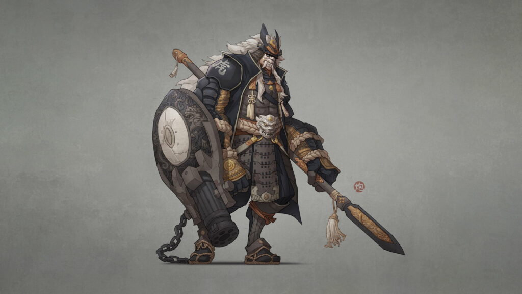 Warrior Samurai Defends with Mask, Shield, and Spear: Captivating HD Wallpaper