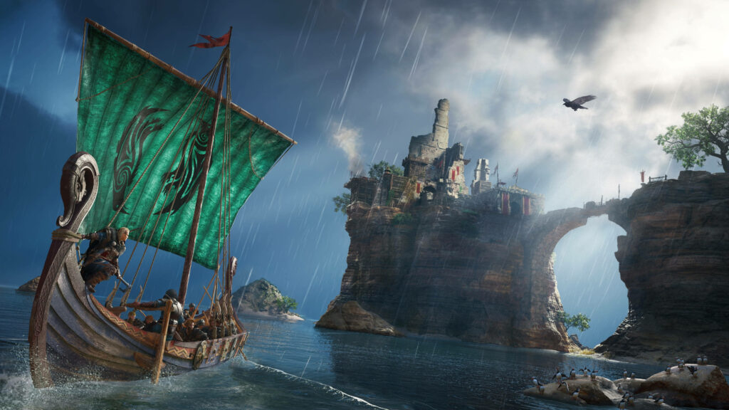 The Fearsome Viking Longship Engages the Stone Island Settlement in Assassin's Creed Valhalla Wallpaper