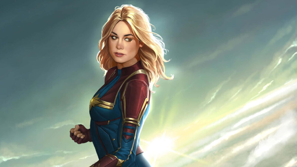 Guardian of Justice: Captain Marvel's Battle-Ready Stance in Defense of the Galaxy Wallpaper