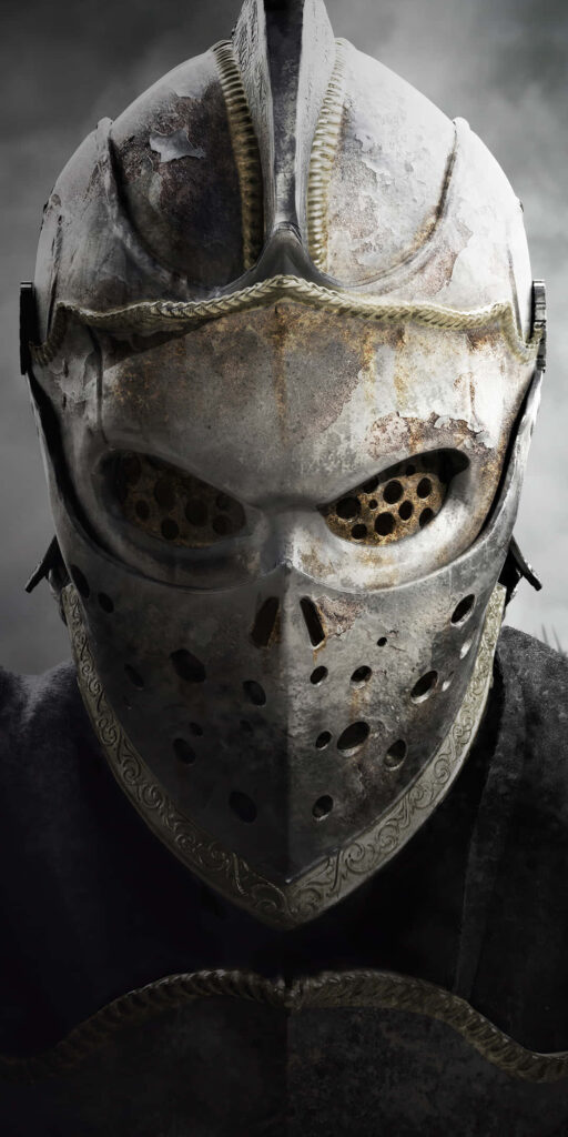For Honor Inspired Warmonger Wallpaper: Fearsome Medieval Warrior in Weathered Helmet