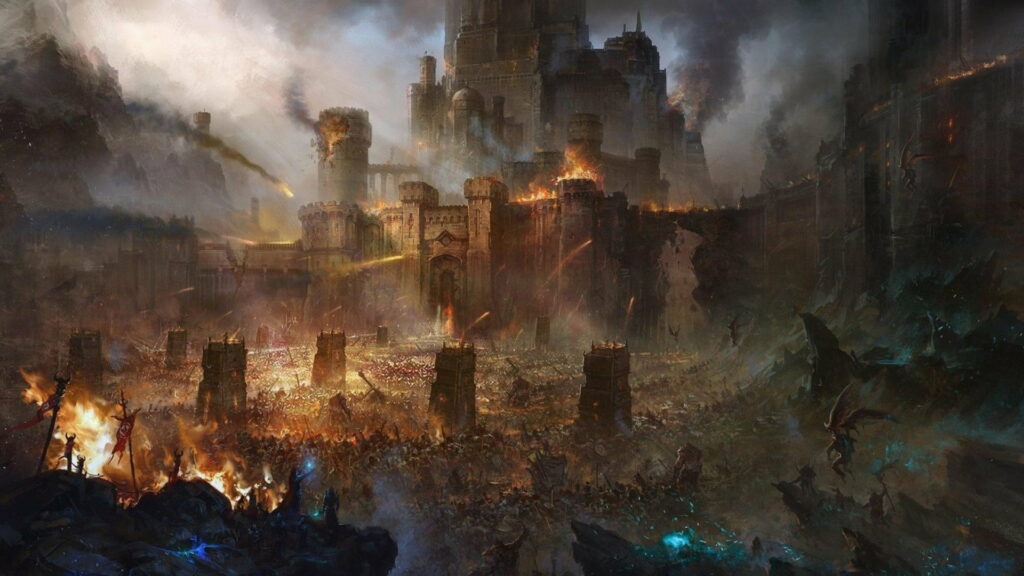 Clash of Mighty Warriors: A Fantastical Medieval Siege Unfolds in an Abstract Castle Citadel