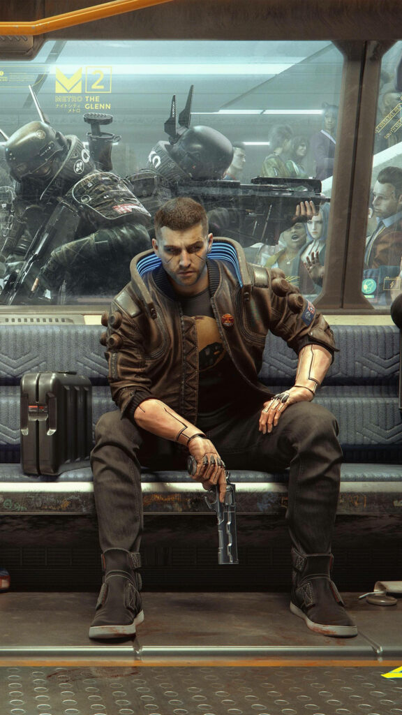 Powerful Android Leader Surrounded by a Loyal Army: Futuristic Metro Phone Wallpaper