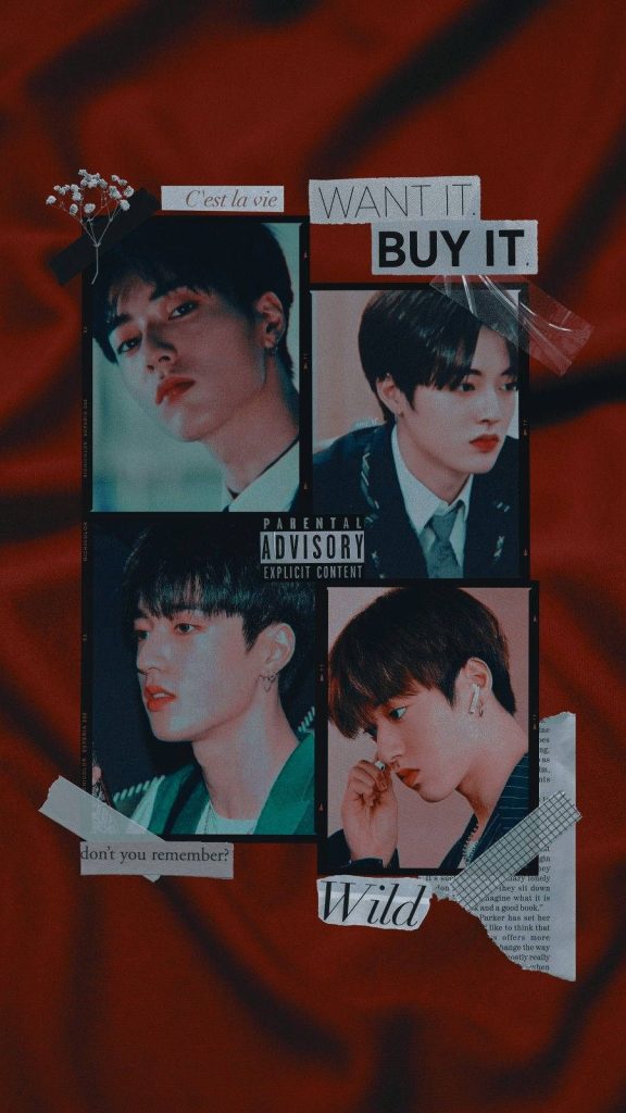 Watanabe Haruto TREASURE collage wallpaper with red tones text overlays Parental Advisory stamp and florals