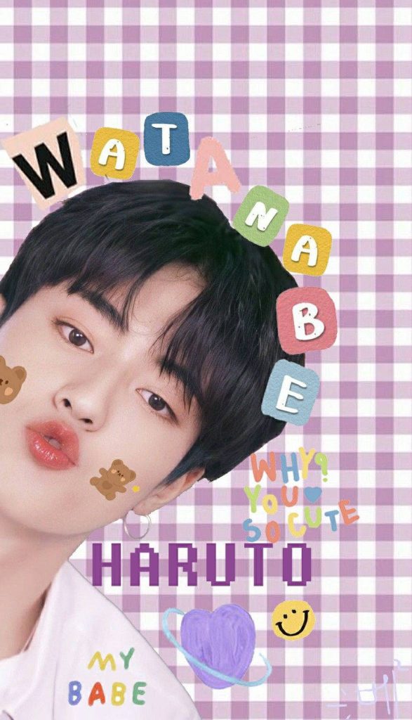 Watanabe Haruto TREASURE wallpaper with cute expression purple gingham bear stickers collage