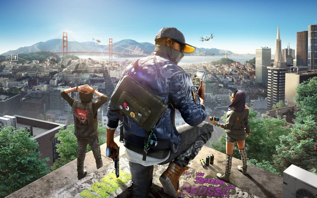 Watch Dogs 2 DedSec crew Marcus Wrench Sitara overlooking Golden Gate Bridge 4K wallpaper