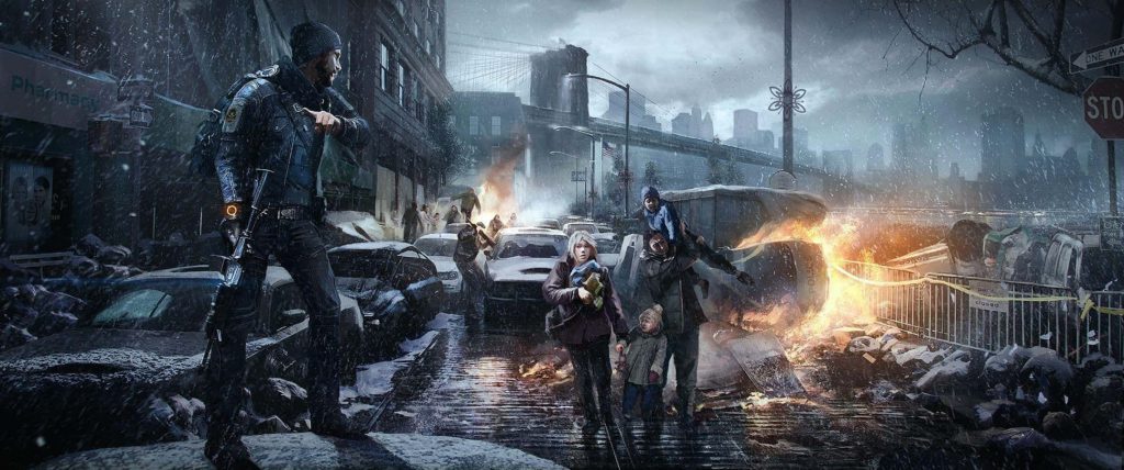SHD Agent escorts civilians across snowy Brooklyn Bridge in post-apocalyptic New York City digital art Wallpaper