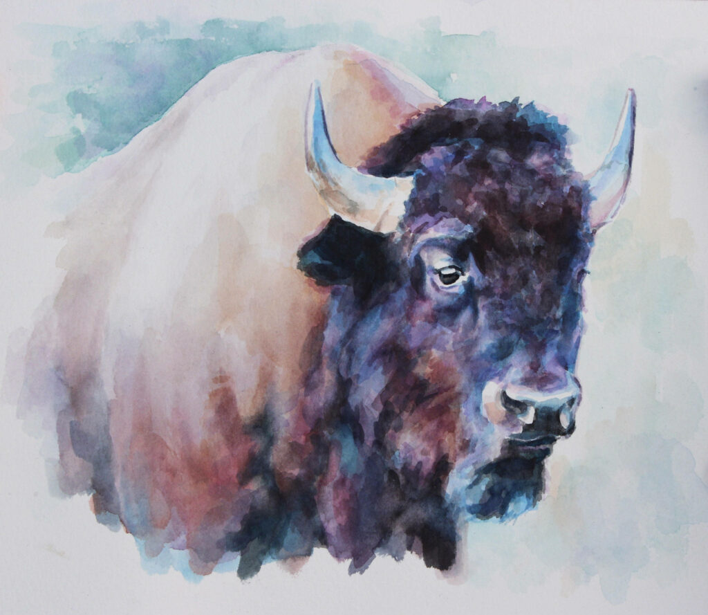 Watercolor buffalo wallpaper blending earthy browns and deep blues with soft brushstrokes