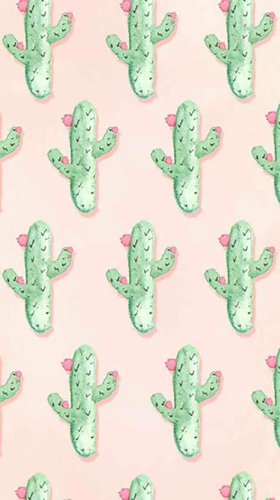 Watercolor green cacti with pink flowers on pastel background cute cheerful iPhone wallpaper