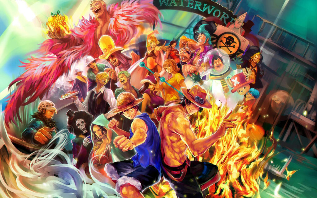 Waterworld Fun: A Colorful Gathering of One Piece Characters Wallpaper