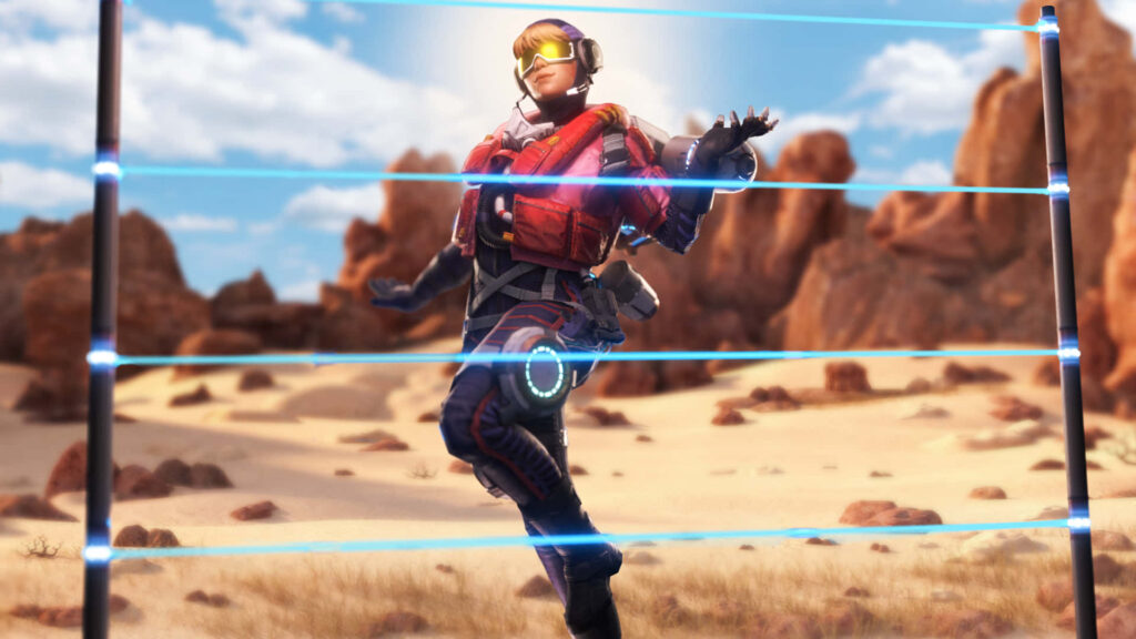 Wattson from Apex Legends in desert between glowing electric fences showcasing defense abilities Wallpaper
