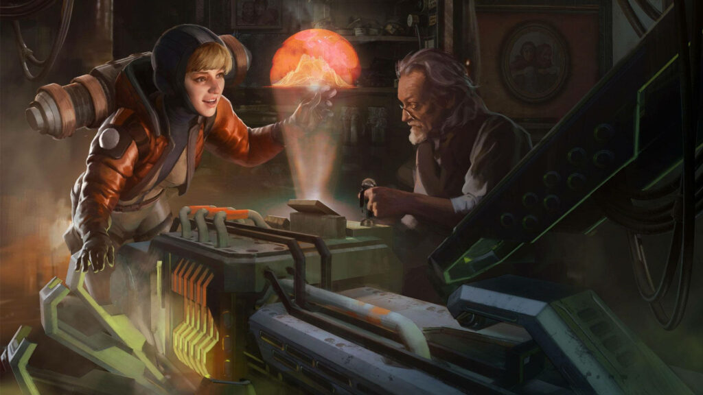 Wattson from Apex Legends expertly works with advanced tech in a futuristic high-tech workshop background Wallpaper