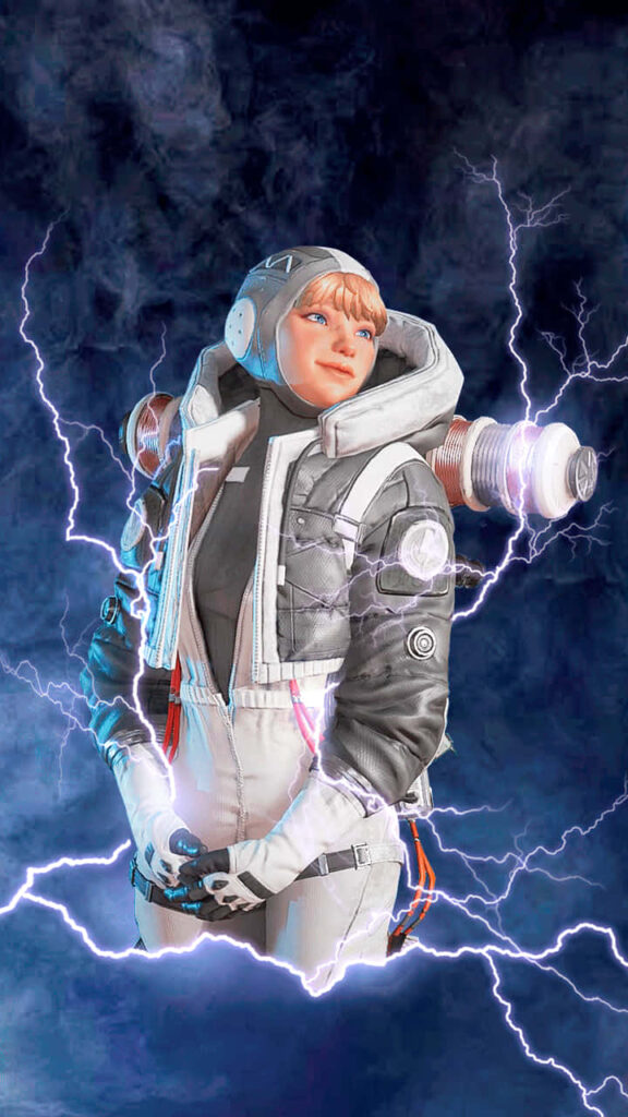 Wattson Apex Legends in high-tech suit with crackling lightning dark electric wallpaper background