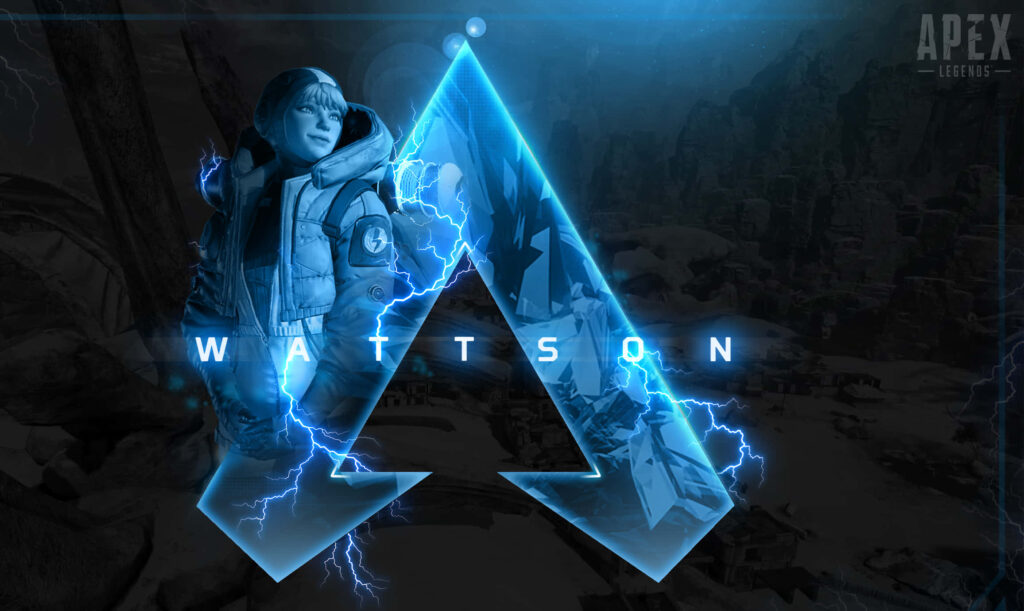 Wattson Apex Legends neon blue wallpaper with electric lightning effects and dynamic logo background