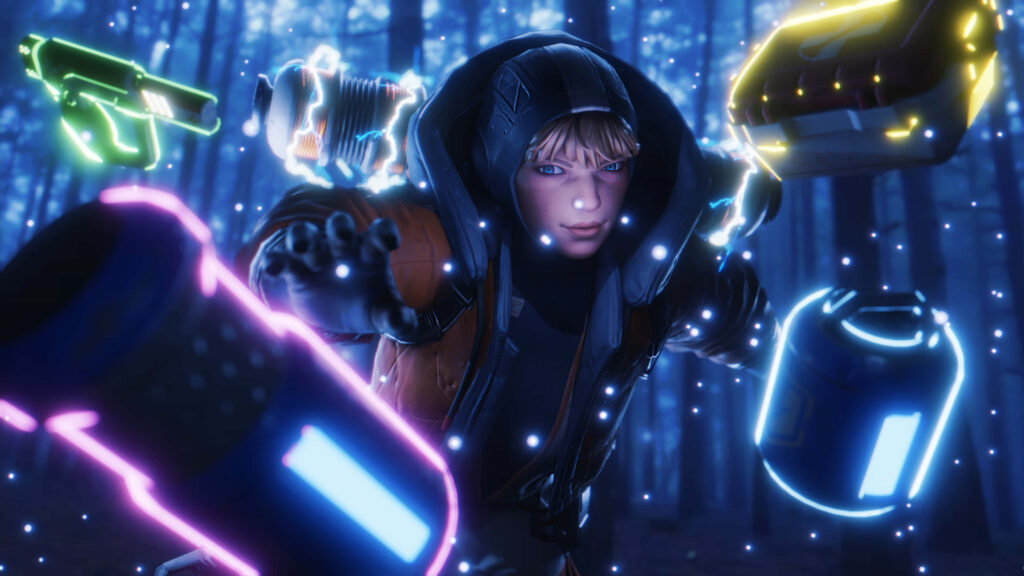 Wattson from Apex Legends glowing neon lights futuristic forest tech wallpaper background