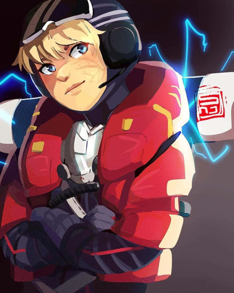 Wattson Apex Legends in red jacket with blue electricity vibrant gaming wallpaper background