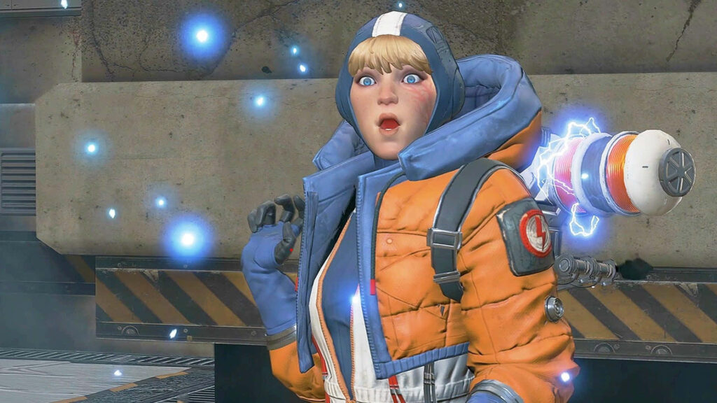 Wattson Apex Legends surprised expression with blue electric sparks dynamic gaming wallpaper background