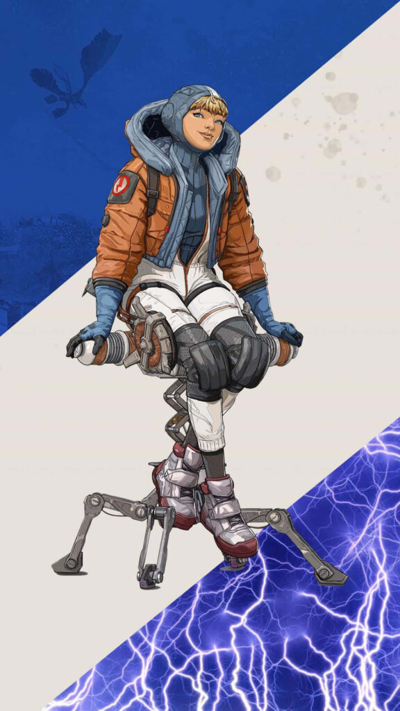 Wattson from Apex Legends sitting on mechanical stool with electric blue lightning background wallpaper