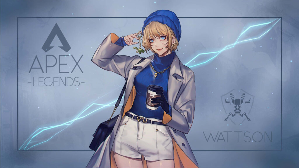 Wattson Apex Legends female controller holding coffee cup with blue lightning wallpaper background