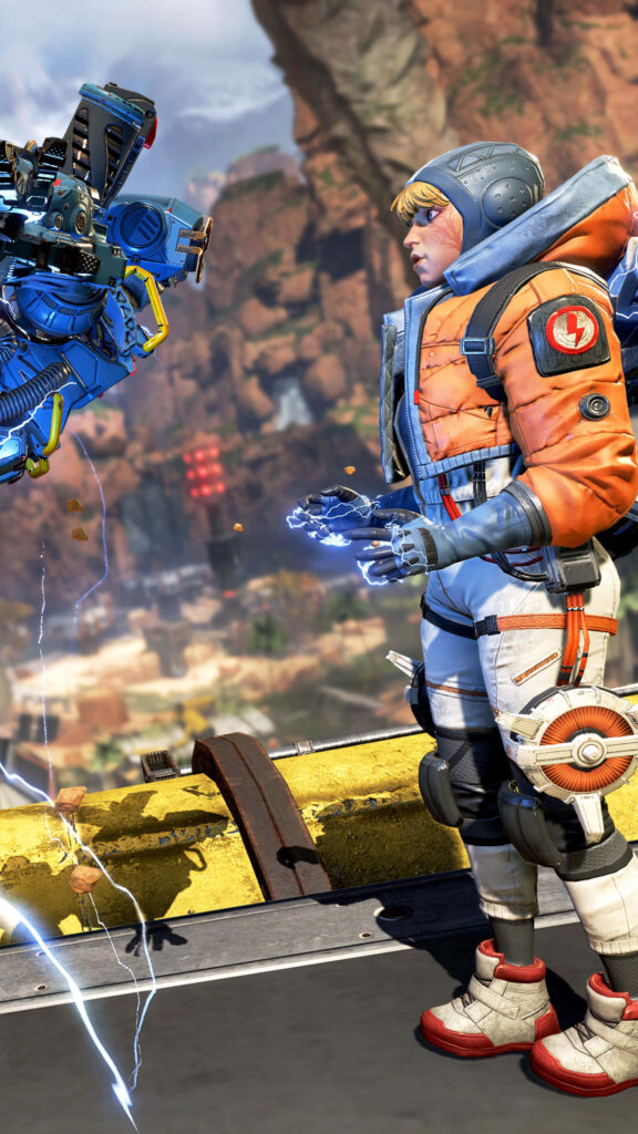 Wattson Apex Legends iPhone wallpaper with electric sparks and scenic battleground background