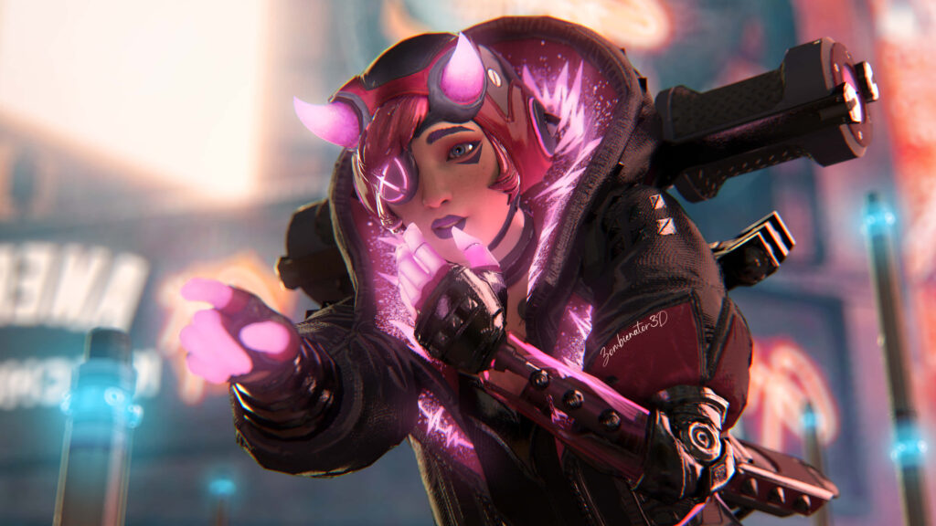 Wattson in neon outfits against futuristic cityscape glowing with energy Apex Legends Wallpaper