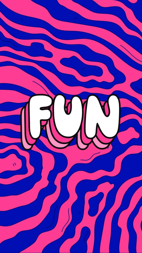 Wavy Fun 80s retro wallpaper with 3D white FUN text on psychedelic hot pink and blue waves