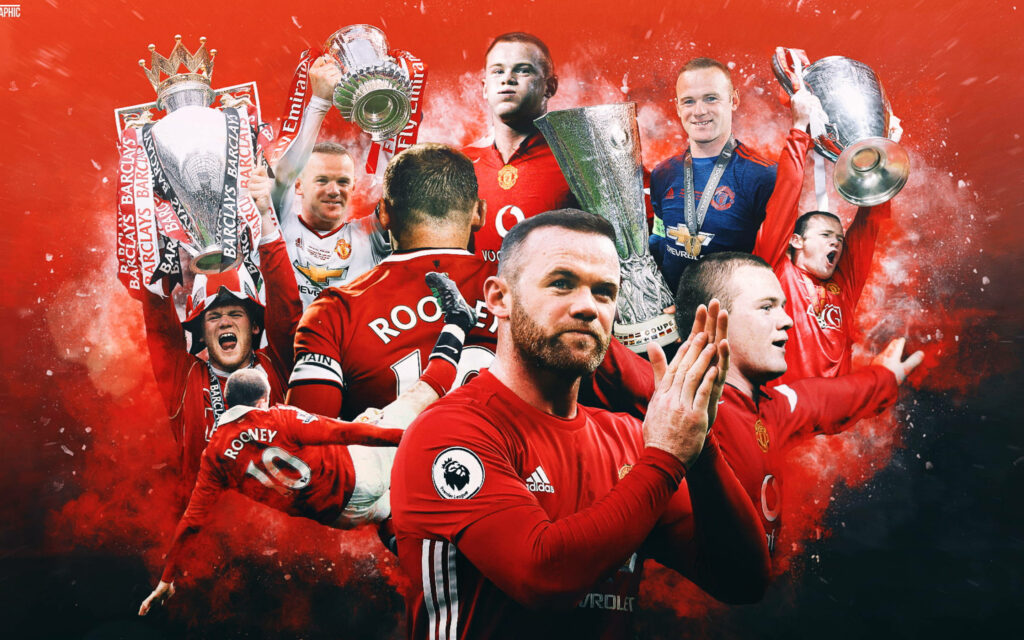 Wayne Rooney Manchester United fanart collage with trophies vibrant red background wallpaper