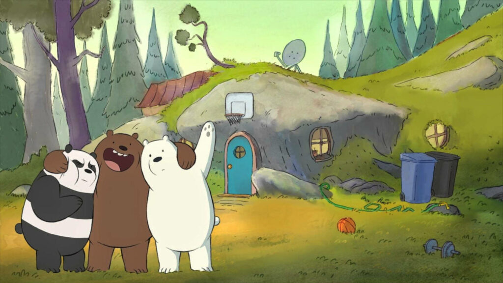 We Bare Bears wallpaper with Grizz Panda Ice Bear outside cave in bright forest background