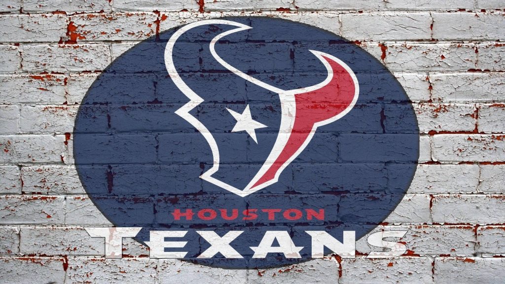 Houston Texans logo and team name in red blue on distressed white brick wall wallpaper background