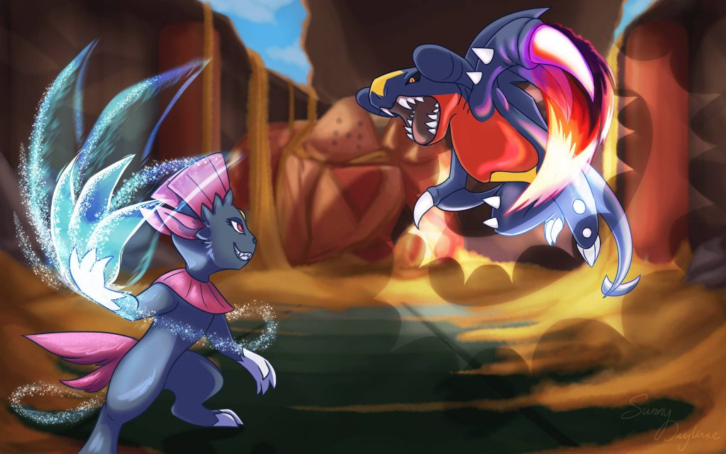 Weavile unleashes icy energy battling fiery Garchomp in dynamic rocky Pokémon wallpaper background
