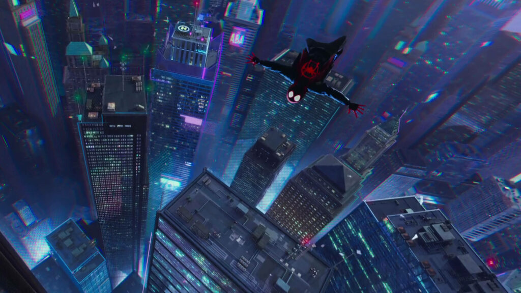 Spectacular Spider Leap: A Striking Wallpaper of Miles Morales in Spider Man Into The Spider Verse Art