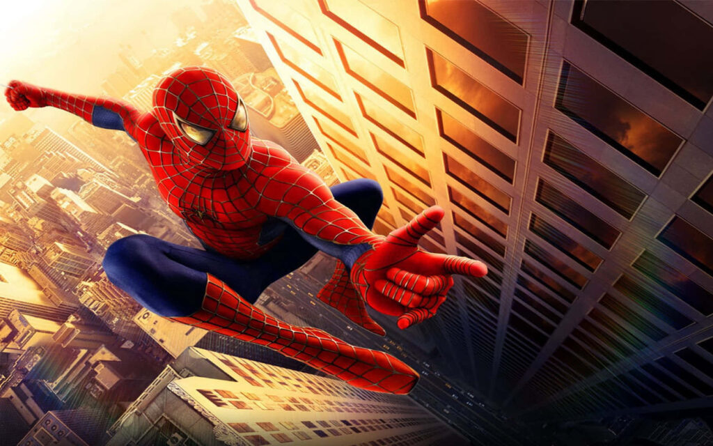 Swinging through the City: A Captivating Moment from the Spider-Man Trilogy Wallpaper