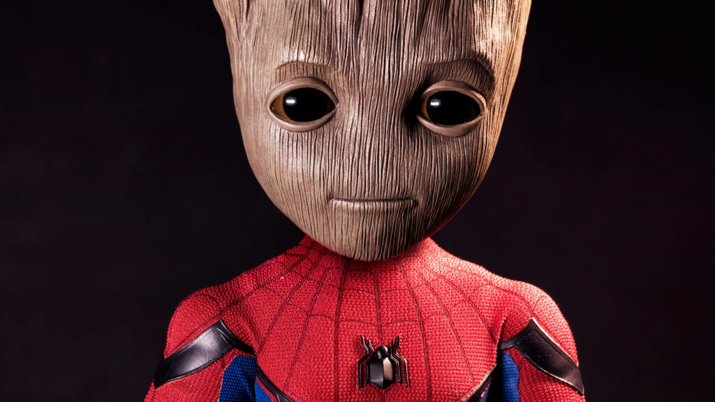 Spidey Guardian: Groot Swings into Action with Spider-Man Suit Wallpaper