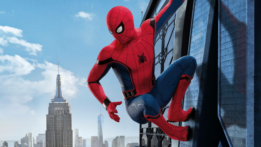 Spider-Man climbing New York skyscraper with Empire State Building and One World Trade Center background Wallpaper